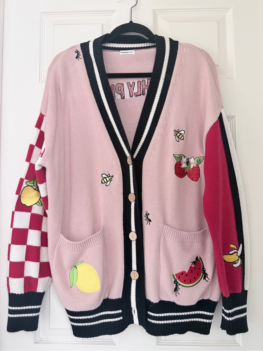 Minnie Rose Pink Fruit & Bee Embroidered Button-Front Cardigan